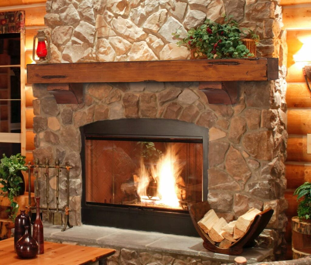 fireplace with wooden mantle