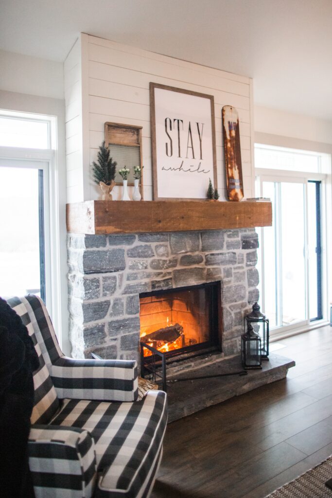 fireplace with wooden mantle