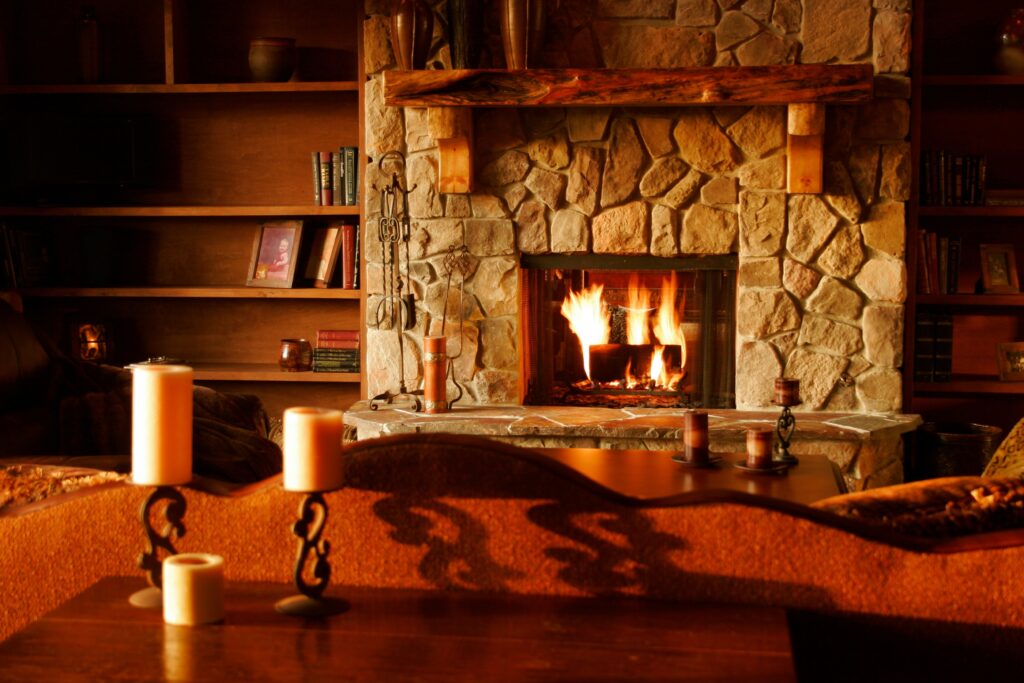 stone fireplace with fire