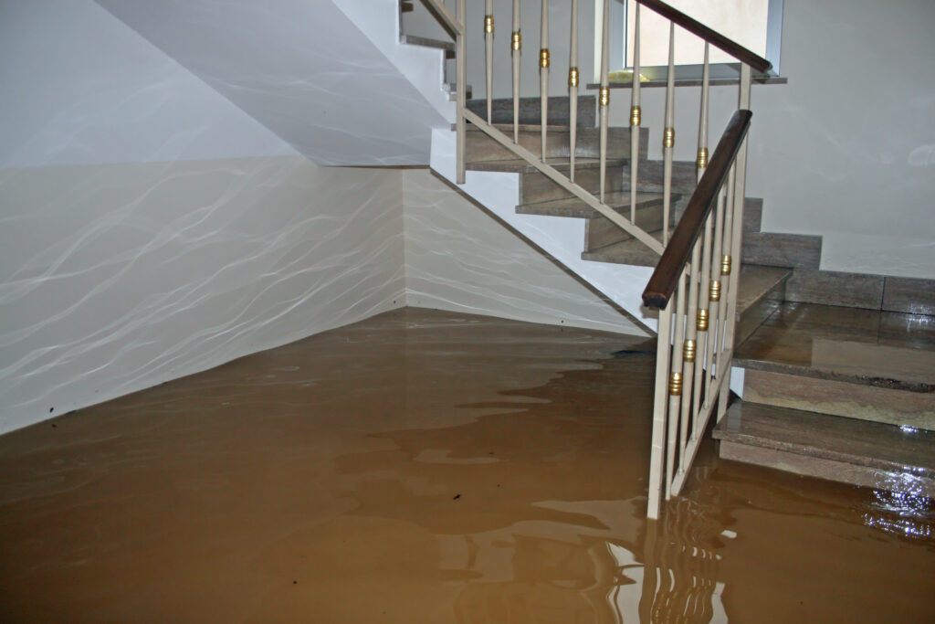 house flood shown at the foot of the stairs