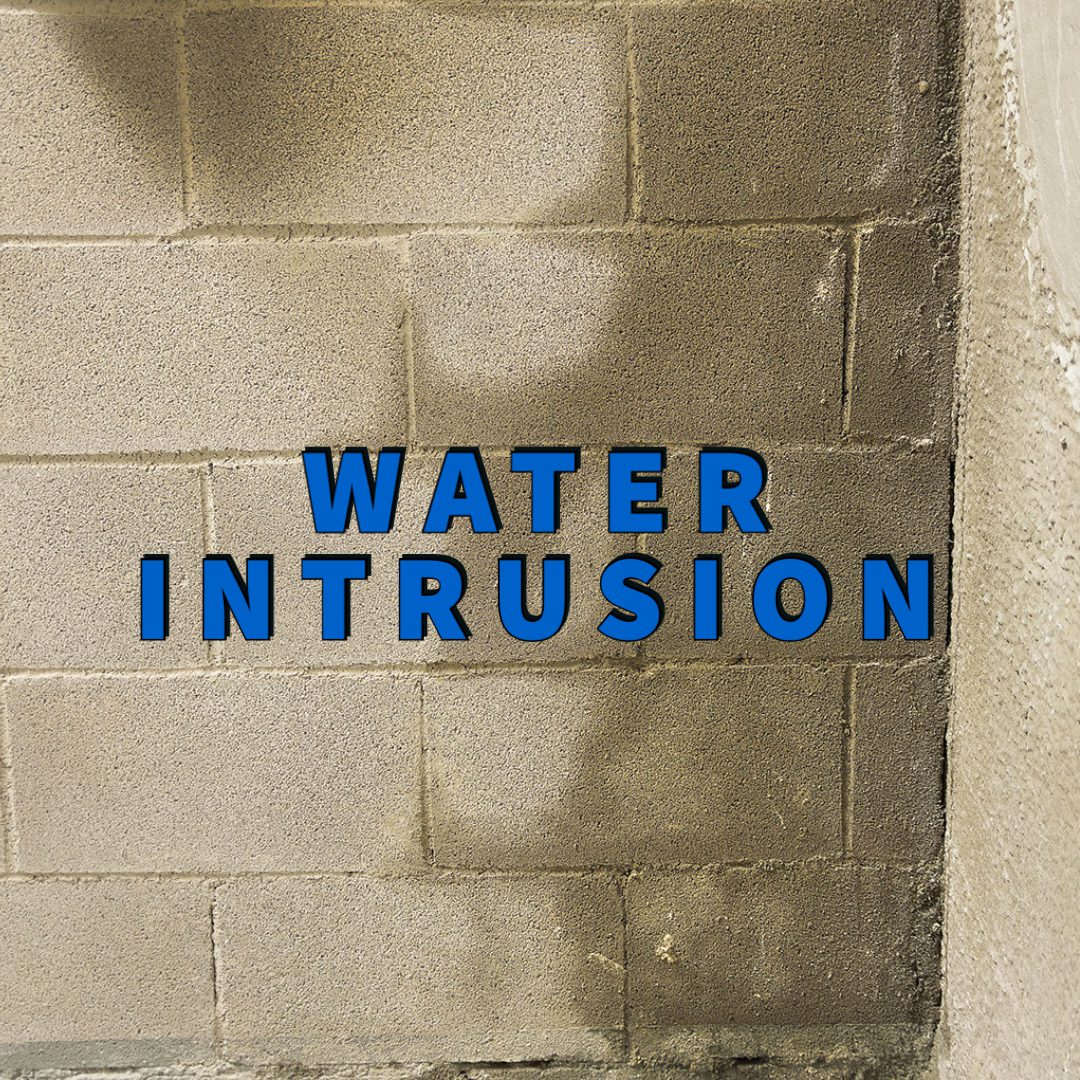 Water intrusion written over moist cinder blocks