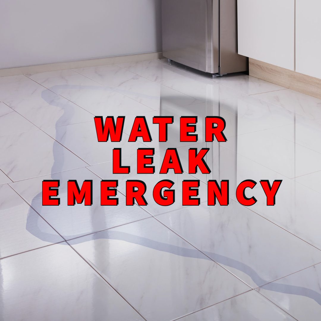 water leak emergency written over water on kitchen floor