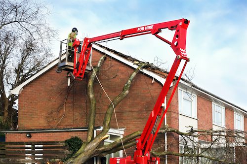 Man on cherry picker working on tree that fell on house
