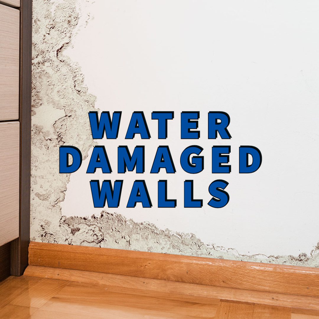 water damaged walls written in blue over wall water damage