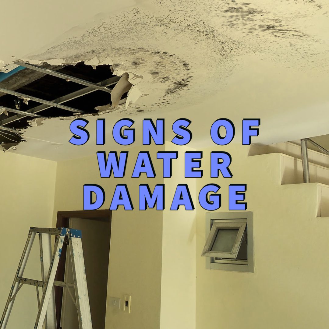 signs of water damage written in blue over picture of water-damaged ceiling