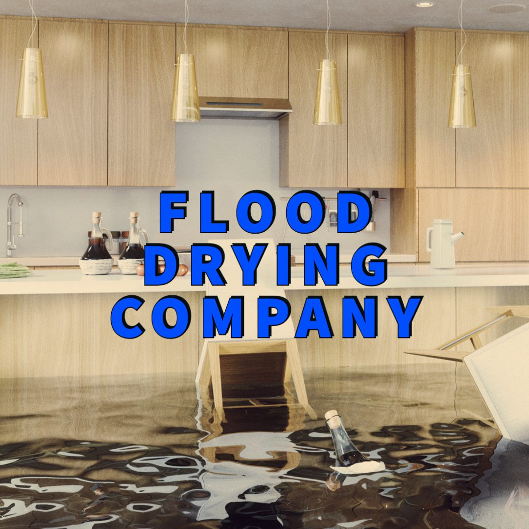 Flood drying company written in blue over kitchen with water up to counters