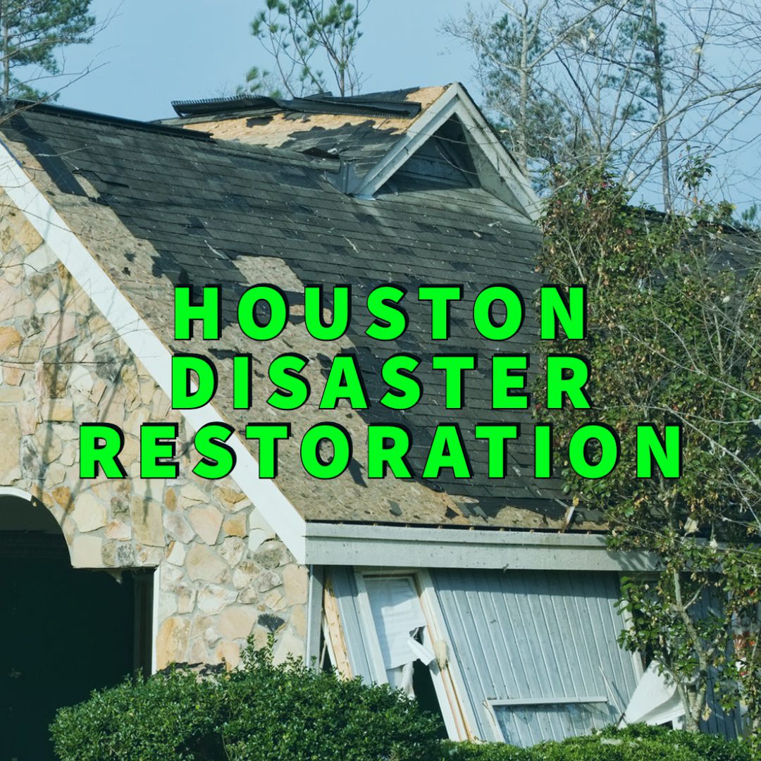 Houston disaster restoration written in green over house with missing shingles from storm damage